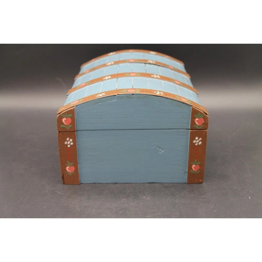 Hand Painted Wooden Treasure Chest Folk Art Storage Box Blue Heart Floral